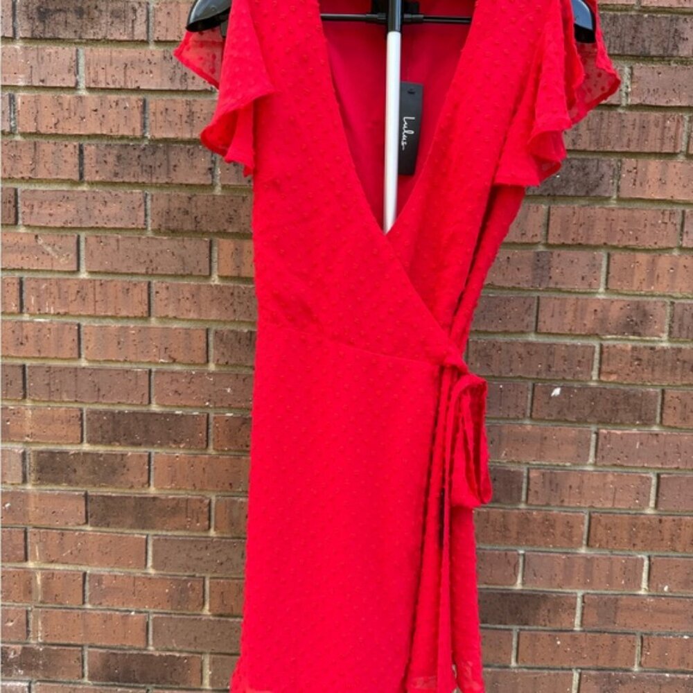 Lulus Much to Celebrate Red Swiss Dot Flutter Sleeve Wrap Mini Dress Size Small - Picture 5 of 11